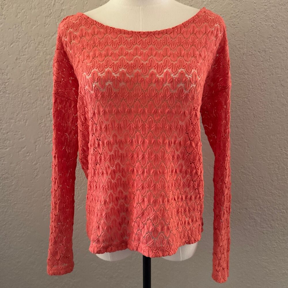 KatieK Vintage Coral Loose Knit Long Sleeve Boho Sweater Casual Womens Size S